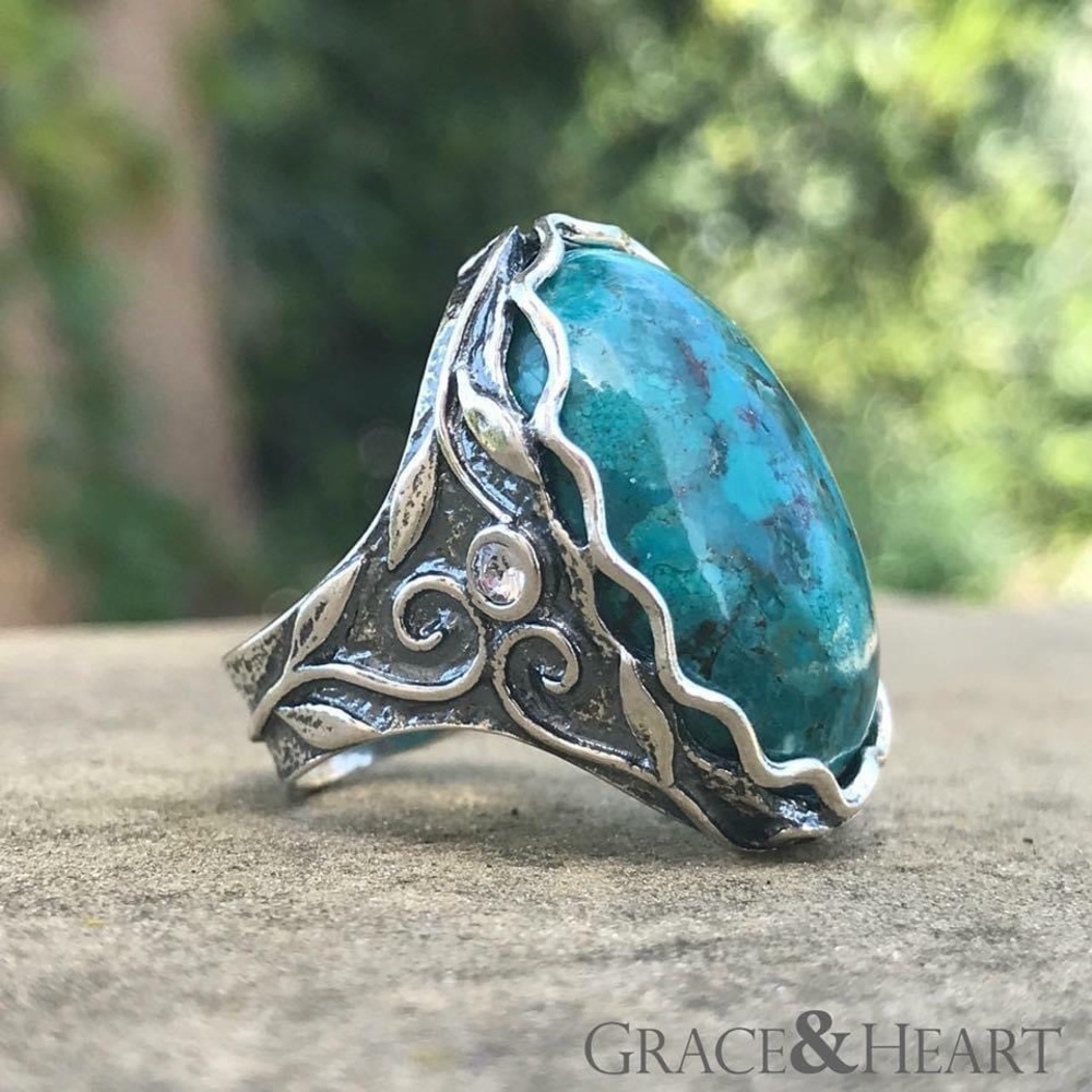 Grace & Heart G&H TAOS Ring SIZE 7 .925 Sterling Silver & HUGE Turquoise Stone